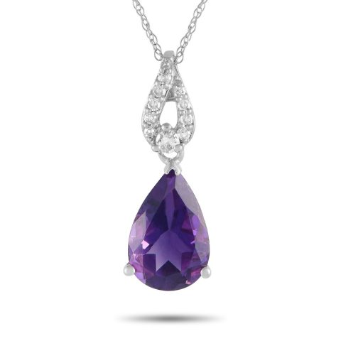 LB Exclusive 14K White Gold 0.06ct Diamond and Amethyst Pear Necklace PD4-16184WAM