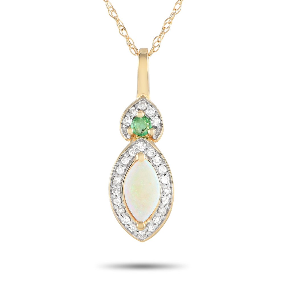 LB Exclusive 14K Yellow Gold 0.07ct Diamond, Opal, and Emerald Necklace PD4-16299YOPEM