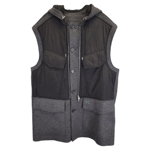 Kenzo K Patch Button Down Hooded Vest Jacket in Grey and Black Wool and Nylon 7833202196540