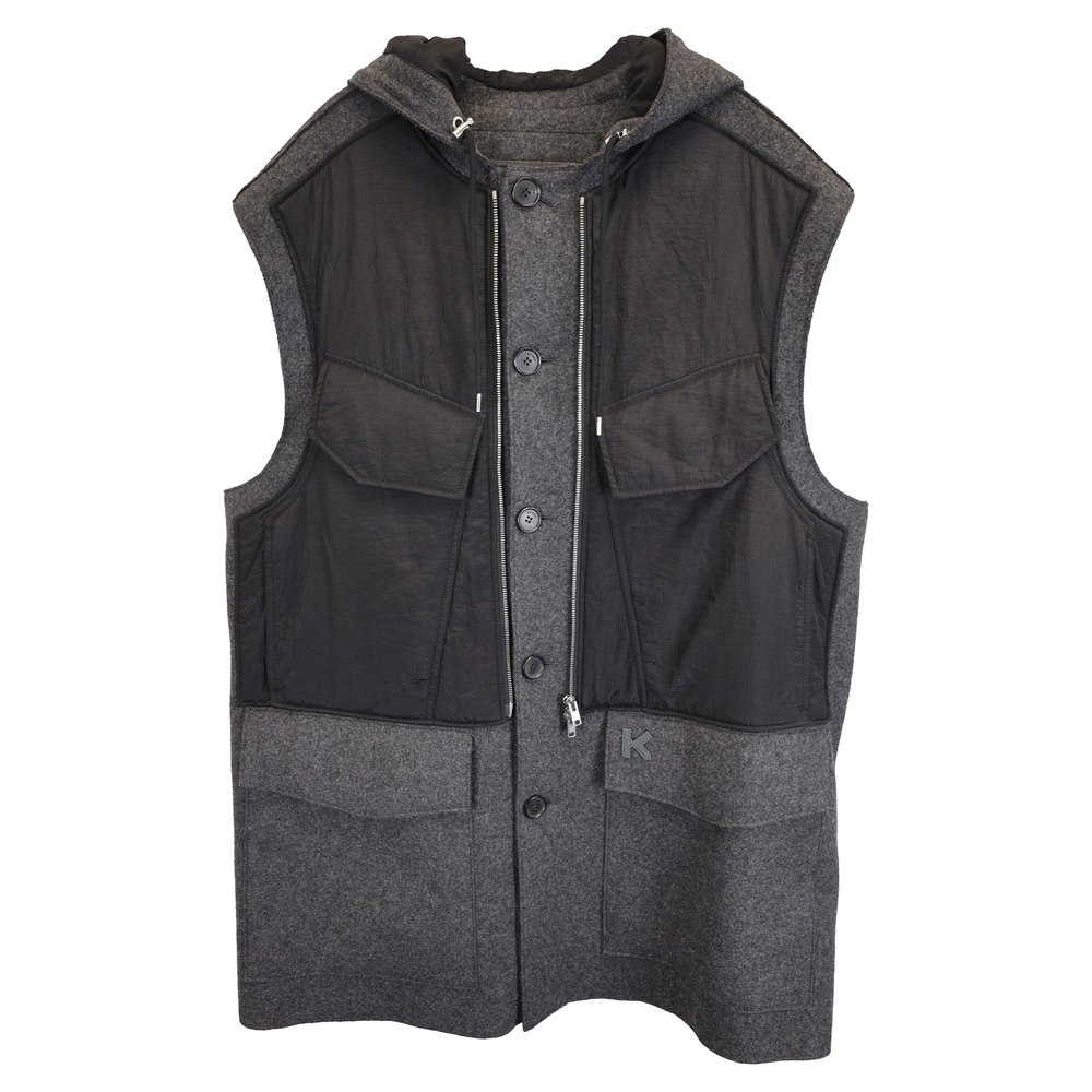 Kenzo K Patch Button Down Hooded Vest Jacket in Grey and Black Wool and Nylon 7833202196540