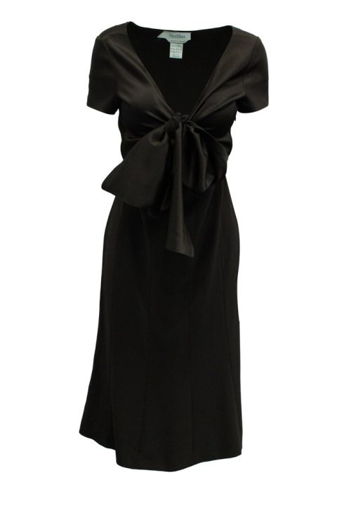 Max Mara Chest-Tie Midi Dress in Brown Polyester 7833204588604