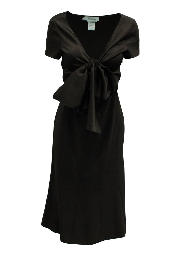 Max Mara Chest-Tie Midi Dress in Brown Polyester 7833204588604