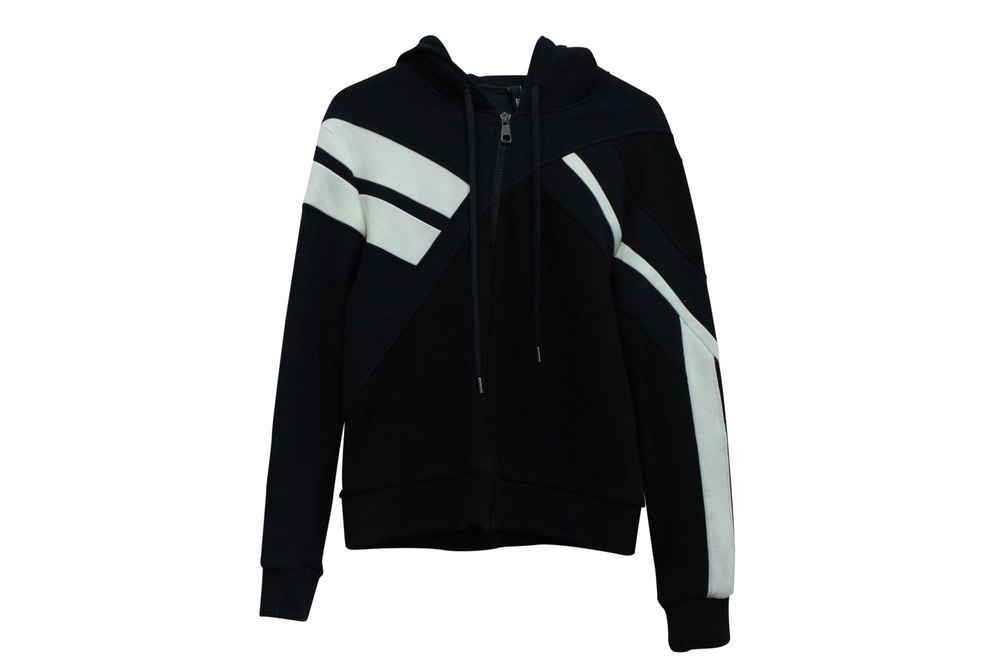 Neil Barrett Geometric Print Zip Up Hooded Jacket in Black Lyocell 7833203998780