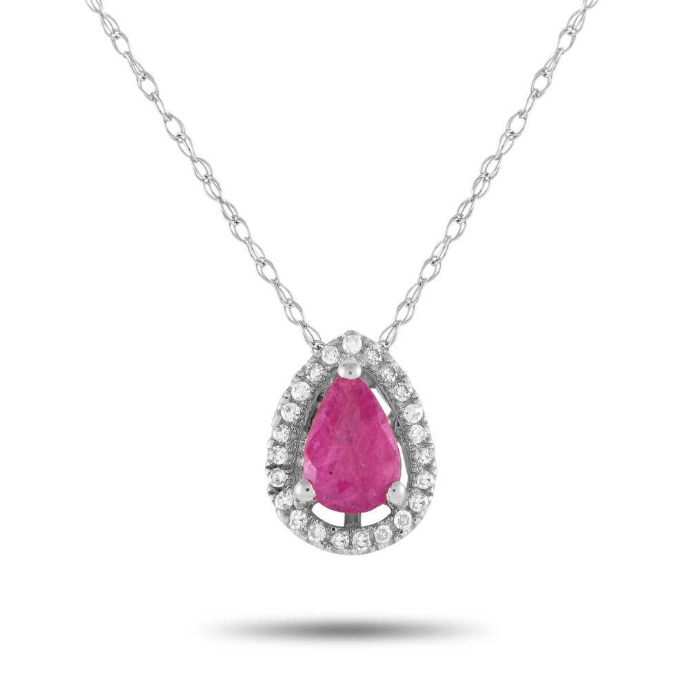 LB Exclusive 14K White Gold 0.07ct Diamond and Ruby Pear Necklace PD4-15949WRU