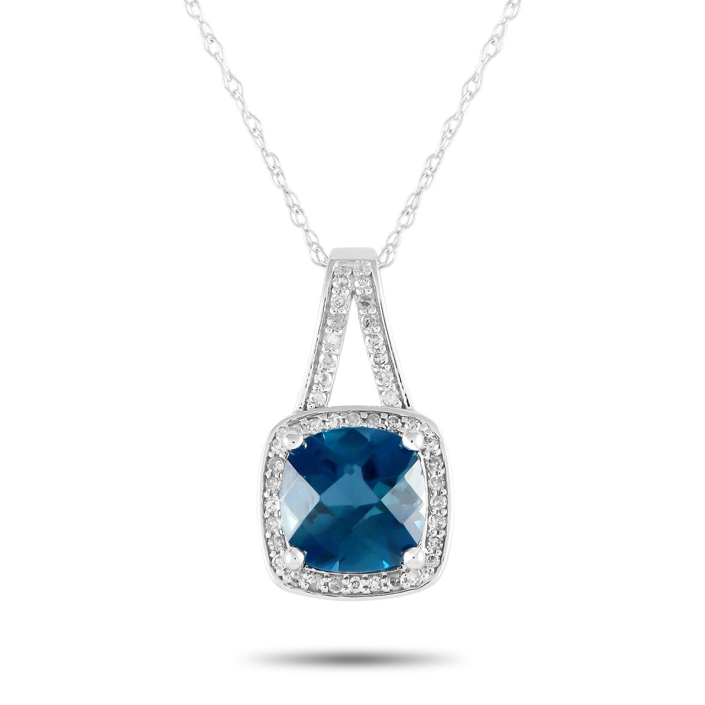 LB Exclusive 14K White Gold 0.12ct Diamond and Blue Topaz Necklace PD4-16273WBT