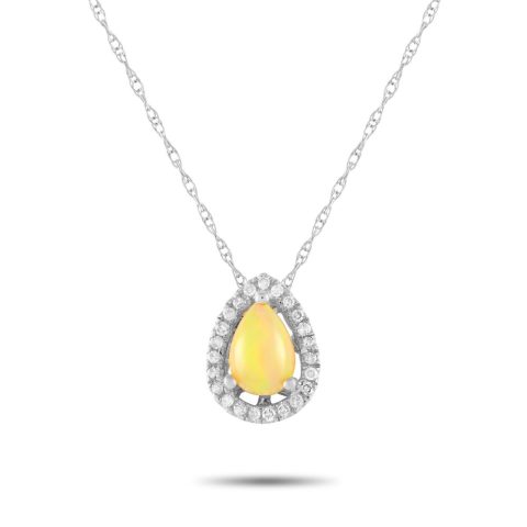LB Exclusive 14K White Gold 0.05ct Diamond and Opal Pear Necklace PD4-15949WOP