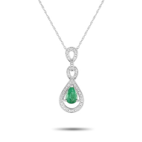 LB Exclusive 14K White Gold 0.08ct Diamond and Emerald Pendant Necklace PD4-16318WEM