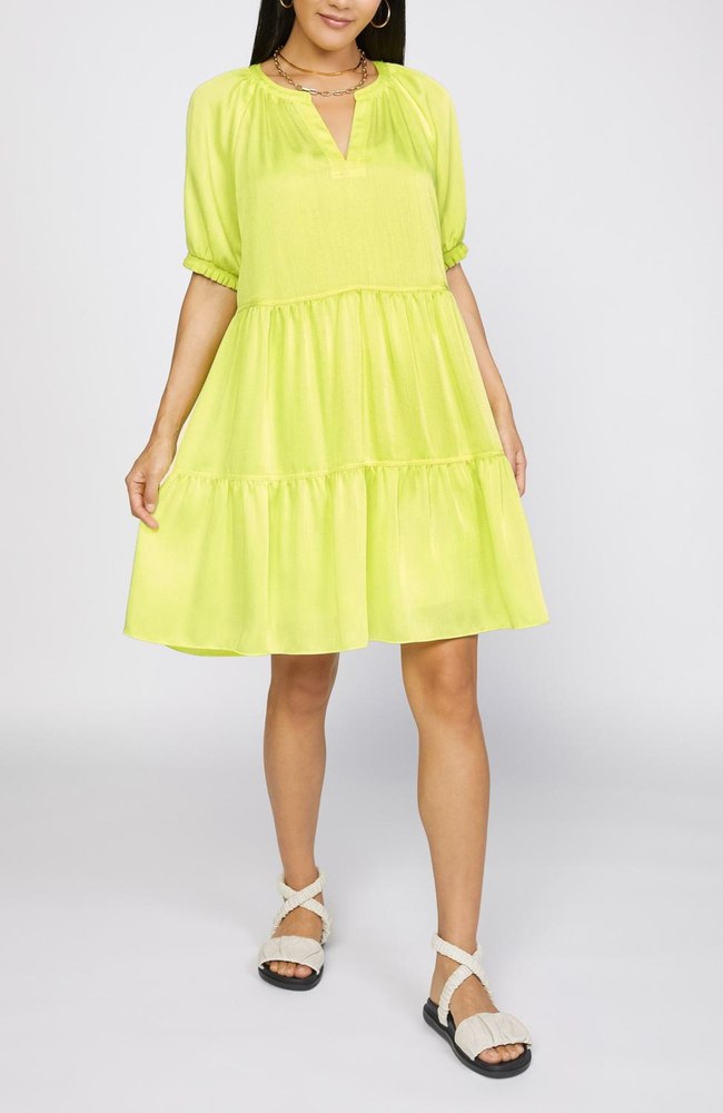 Flowy Tiered Short Dress In Lemon