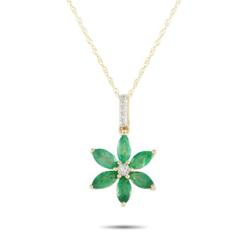 LB Exclusive 14K Yellow Gold 0.01ct Diamond and Emerald Flower Necklace PD4-16241YEM