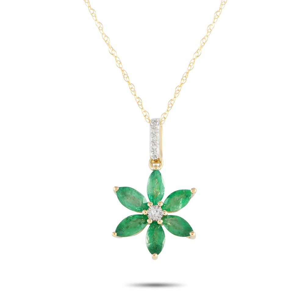 LB Exclusive 14K Yellow Gold 0.01ct Diamond and Emerald Flower Necklace PD4-16241YEM