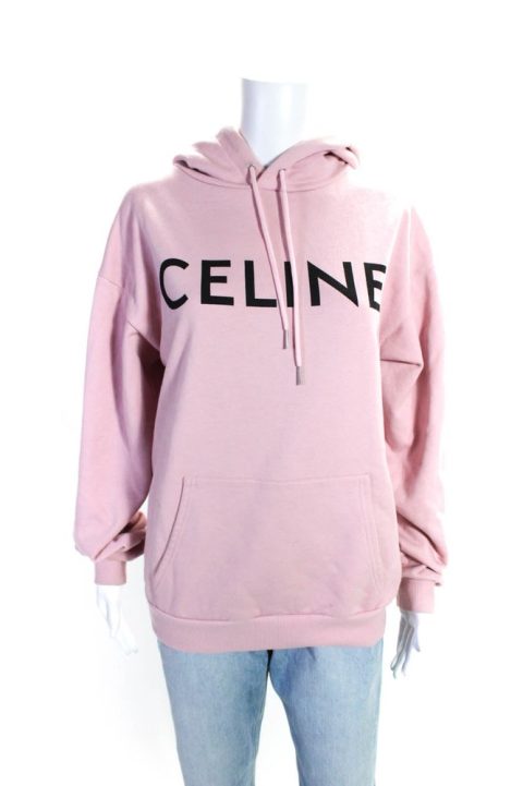 Celine Womens Cotton Graphic Print Front Pocket Pullover Hoodie Pink 7833232638012