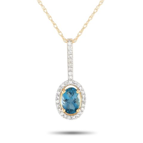 LB Exclusive 14K Yellow Gold 0.09ct Diamond and Blue Topaz Pendant Necklace PD4-16077YBT