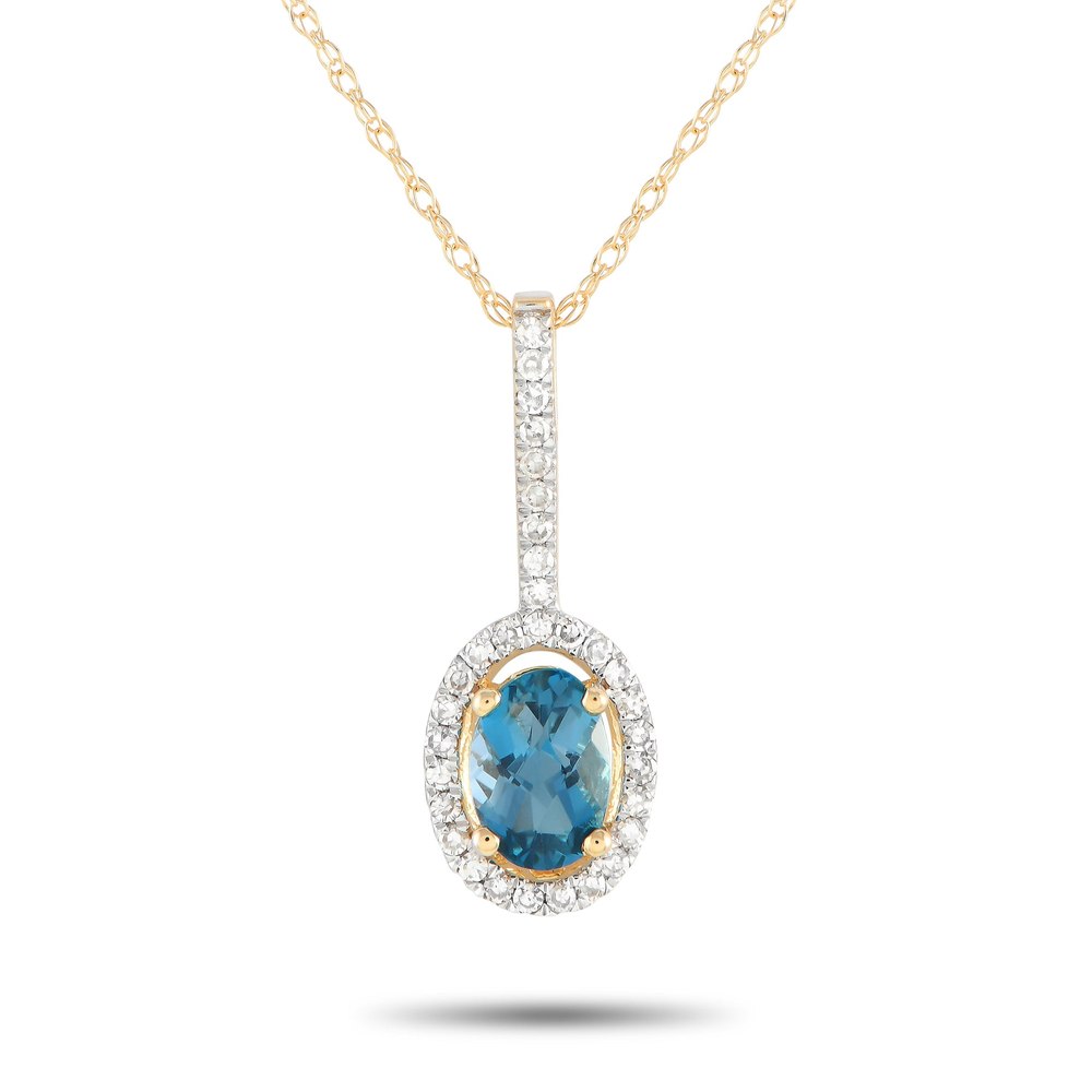 LB Exclusive 14K Yellow Gold 0.09ct Diamond and Blue Topaz Pendant Necklace PD4-16077YBT