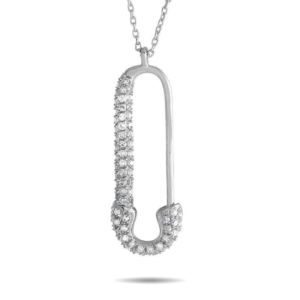 LB Exclusive 14K White Gold 0.17ct Diamond Safety Pin Necklace PD4-16188W