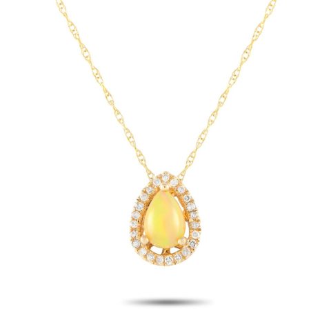 LB Exclusive 14K Yellow Gold 0.07ct Diamond and Opal Pear Necklace PD4-15949YOP