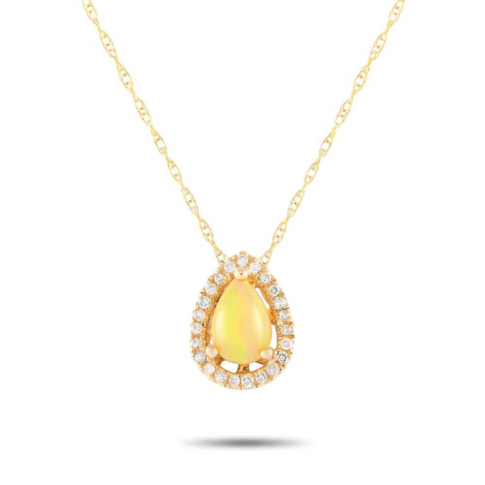 LB Exclusive 14K Yellow Gold 0.07ct Diamond and Opal Pear Necklace PD4-15949YOP