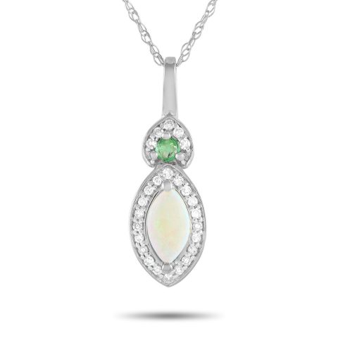 LB Exclusive 14K White Gold 0.07ct Diamond, Opal, and Emerald Pendant Necklace PD4-16299WOPEM