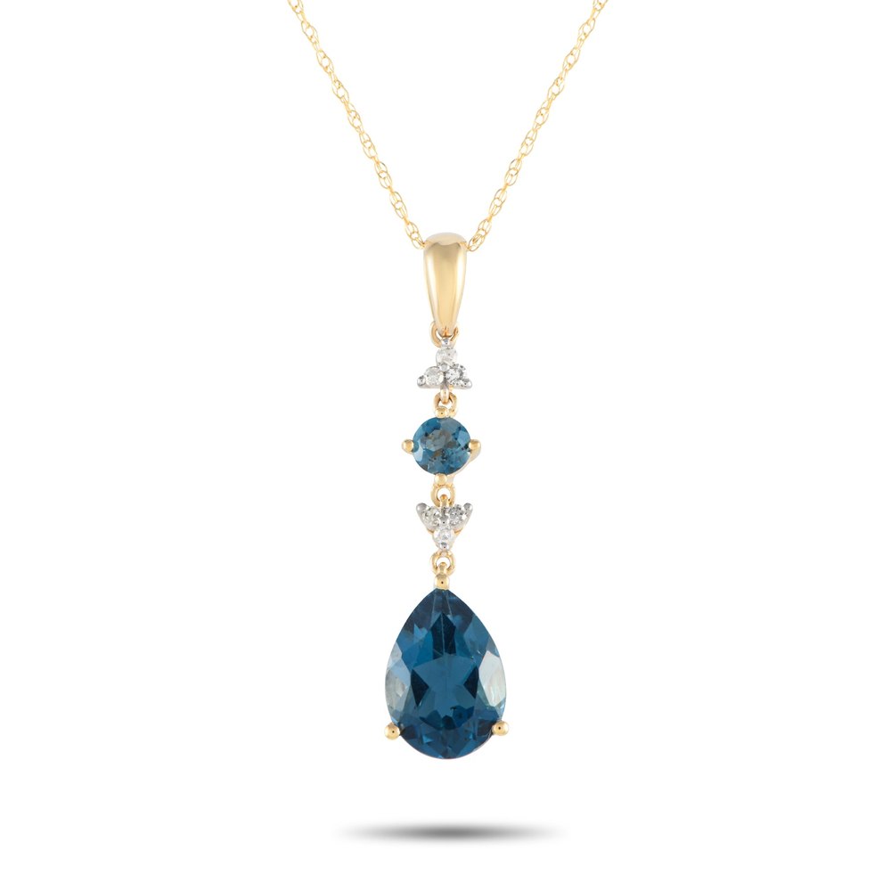 LB Exclusive 14K Yellow Gold 0.05ct Diamond and Blue Topaz Pendant Necklace D4-16247YBT
