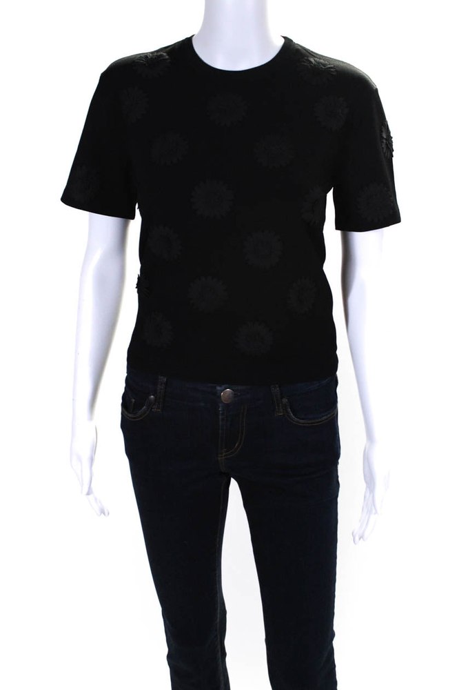 Valentino Womens Short Sleeve Crew Neck Knit Floral Top Black 7833257869372