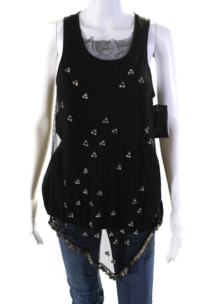 Givenchy Womens Black Mesh Crystal Embellished Sleeveless Blouse Top 7833264422972