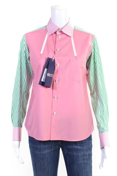 Shiro Sakai Womens Striped Sleeves Button Down Shirt Pink Cotton 7833264259132
