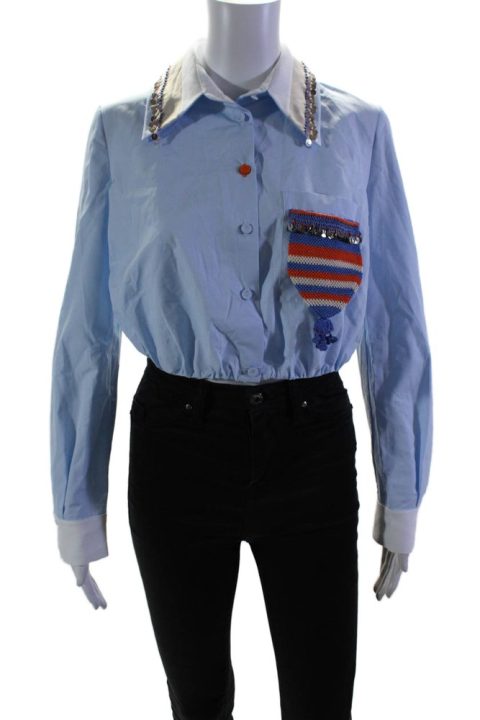 Dice Kayek Womens Cotton Knit Pocket Cropped Button Down Shirt Top Blue 7833263046716