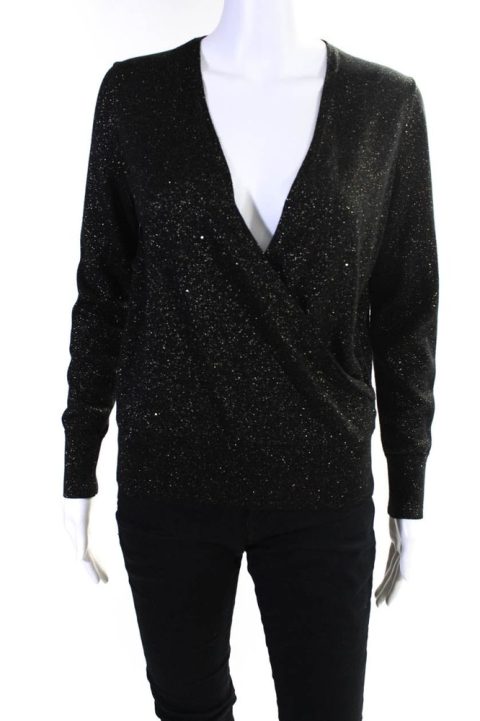 Lafayette 148 New York Womens Metallic Wrap Sweater Blouse Black Gold 7833265242172