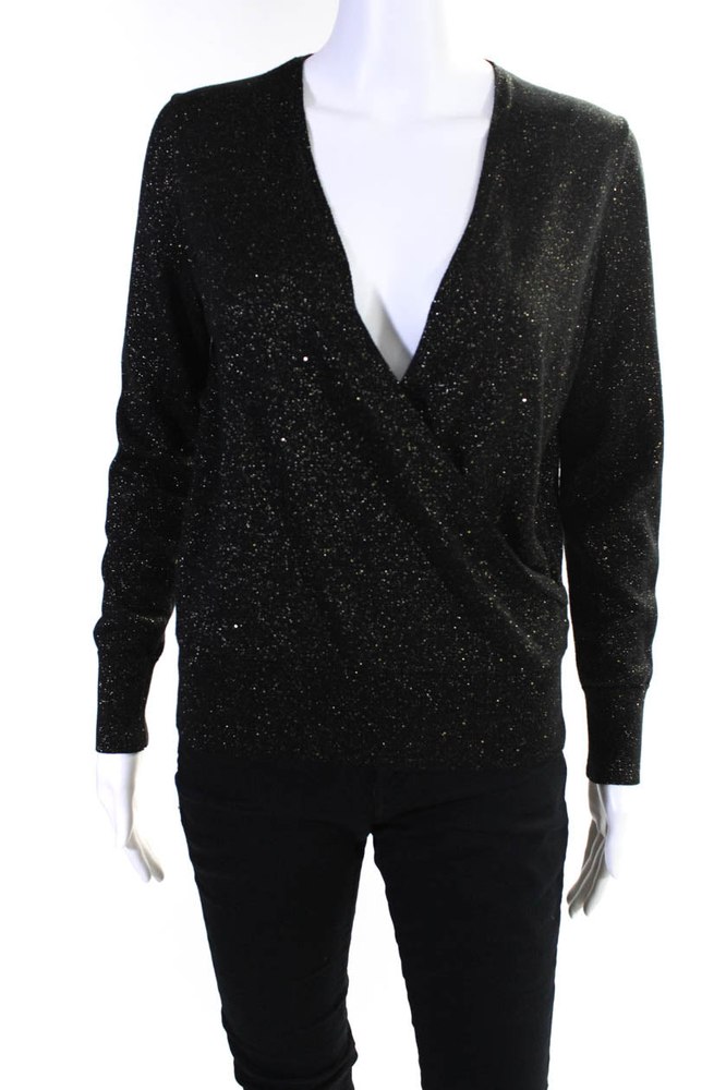 Lafayette 148 New York Womens Metallic Wrap Sweater Blouse Black Gold 7833265242172