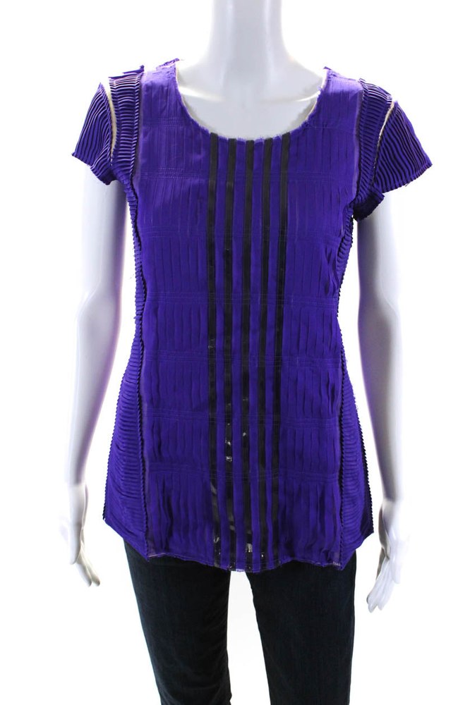 Bottega Veneta Women’s Round Neck Cap Sleeves Pleated Blouse Purple 7833273270332