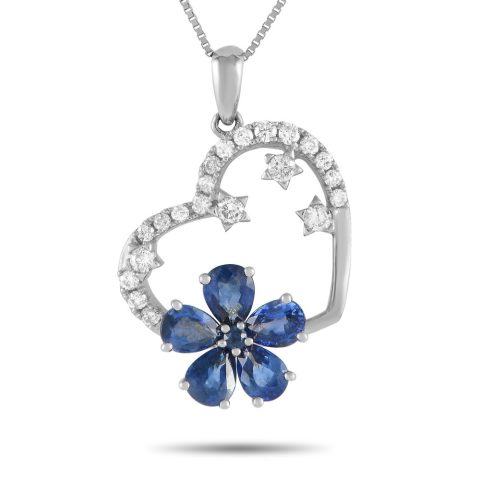 LB Exclusive 14K White Gold 0.20ct Diamond and Sapphire Heart and Flower Pendant Necklace PH4-10098WSA