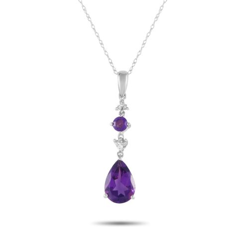 LB Exclusive 14K White Gold 0.05ct Diamond and Amethyst Pendant Necklace PD4-16247WAM