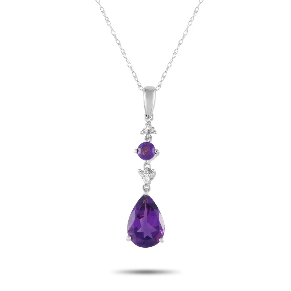 LB Exclusive 14K White Gold 0.05ct Diamond and Amethyst Pendant Necklace PD4-16247WAM