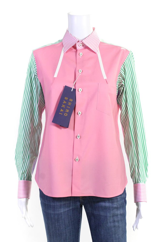 Shiro Sakai Womens Striped Standard Button Down Shirt Pink Cotton 7833268060220