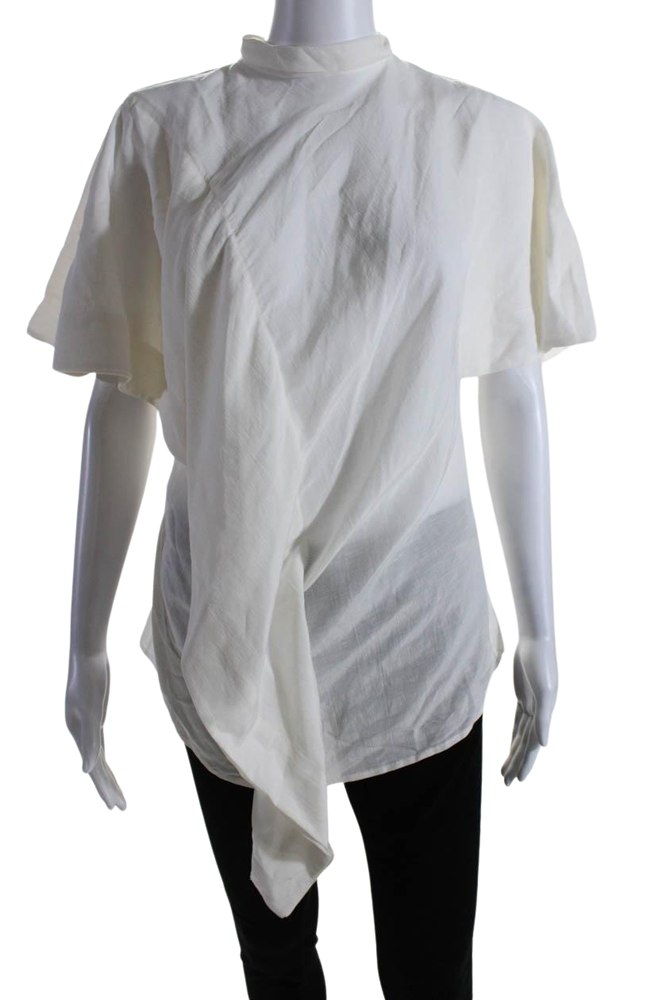 Colville Women Linen Tie Neck Short Sleeves Love Blouse Ecru White 7833262194748