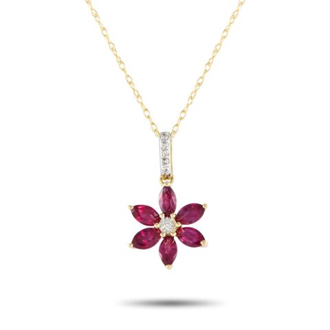 LB Exclusive 14K Yellow Gold 0.01ct Diamond and Ruby Flower Necklace PD4-16241YRU