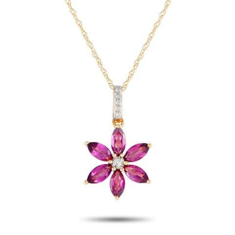 LB Exclusive 14K Yellow Gold 0.01ct Diamond and Rhodolite Flower Necklace PD4-16241YRHOD