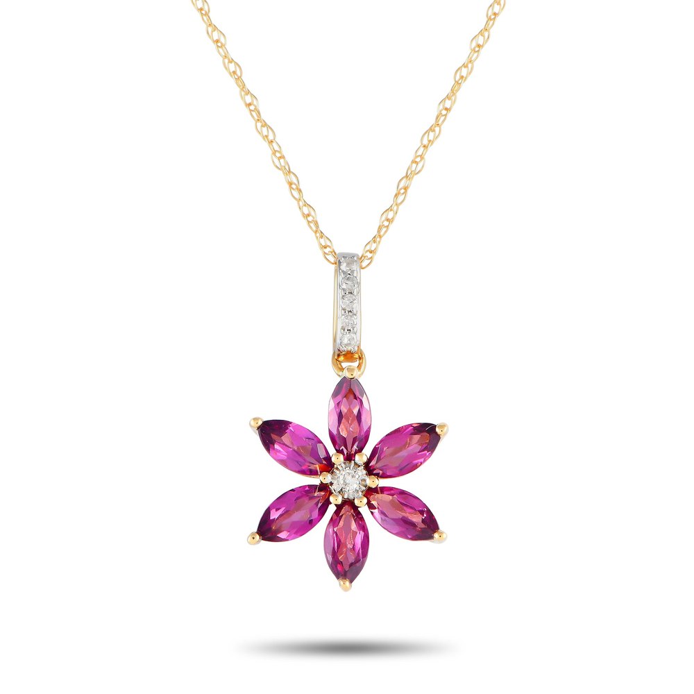 LB Exclusive 14K Yellow Gold 0.01ct Diamond and Rhodolite Flower Necklace PD4-16241YRHOD