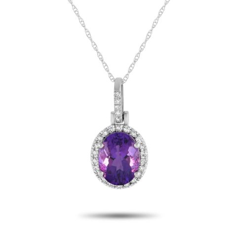LB Exclusive 14K White Gold 0.13ct Diamond and Amethyst Pendant Necklace PD4-15500WAM