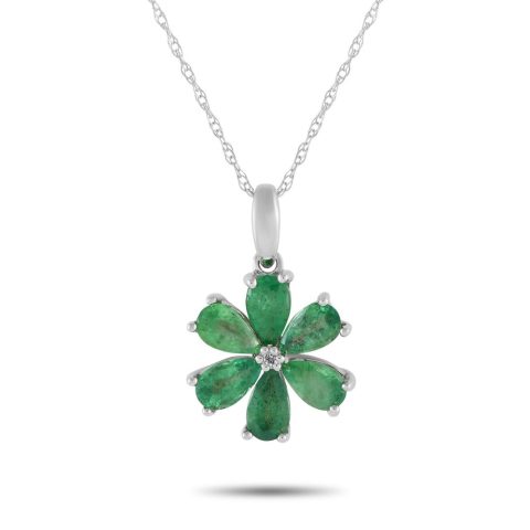 LB Exclusive 14K White Gold 0.01ct Diamond and Emerald Flower Necklace PS01-110723