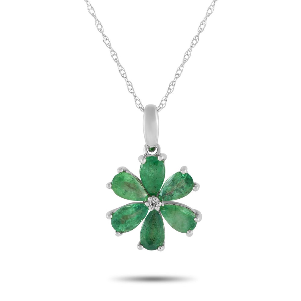 LB Exclusive 14K White Gold 0.01ct Diamond and Emerald Flower Necklace PS01-110723