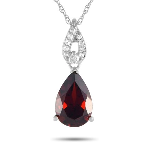 LB Exclusive 14K White Gold 0.06ct Diamond and Pear-Cut Garnet Necklace PD4-16184WGA