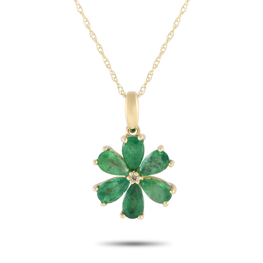 LB Exclusive 14K Yellow Gold 0.01ct Diamond and Emerald Flower Necklace PD4-15845YEM