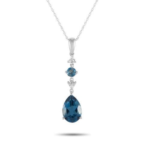 LB Exclusive 14K White Gold 0.05ct Diamond and Blue Topaz Pendant Necklace PD4-16247WBT