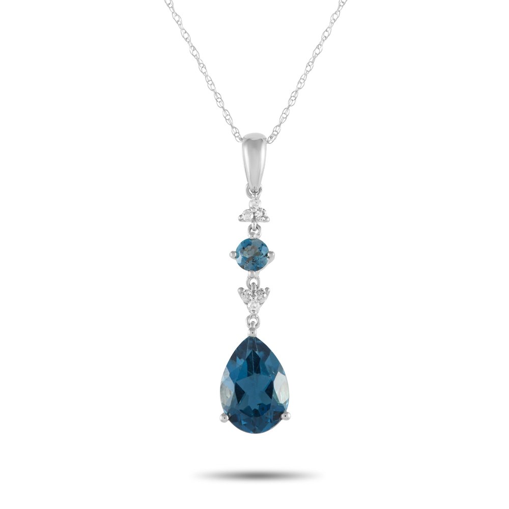 LB Exclusive 14K White Gold 0.05ct Diamond and Blue Topaz Pendant Necklace PD4-16247WBT