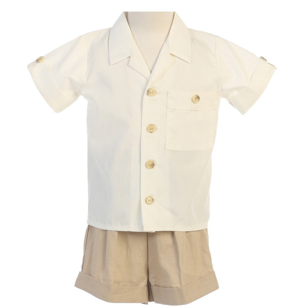 Baby Boys Khaki White Poly Cotton Shirt Rayon Linen Shorts Set 3-24M