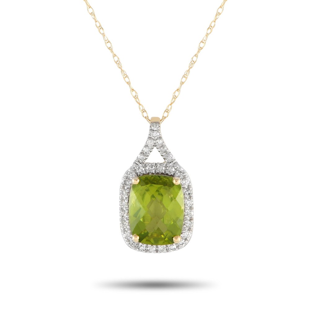 LB Exclusive 14K Yellow Gold 0.13ct Diamond and Peridot Pendant Necklace PD4-15472YPE