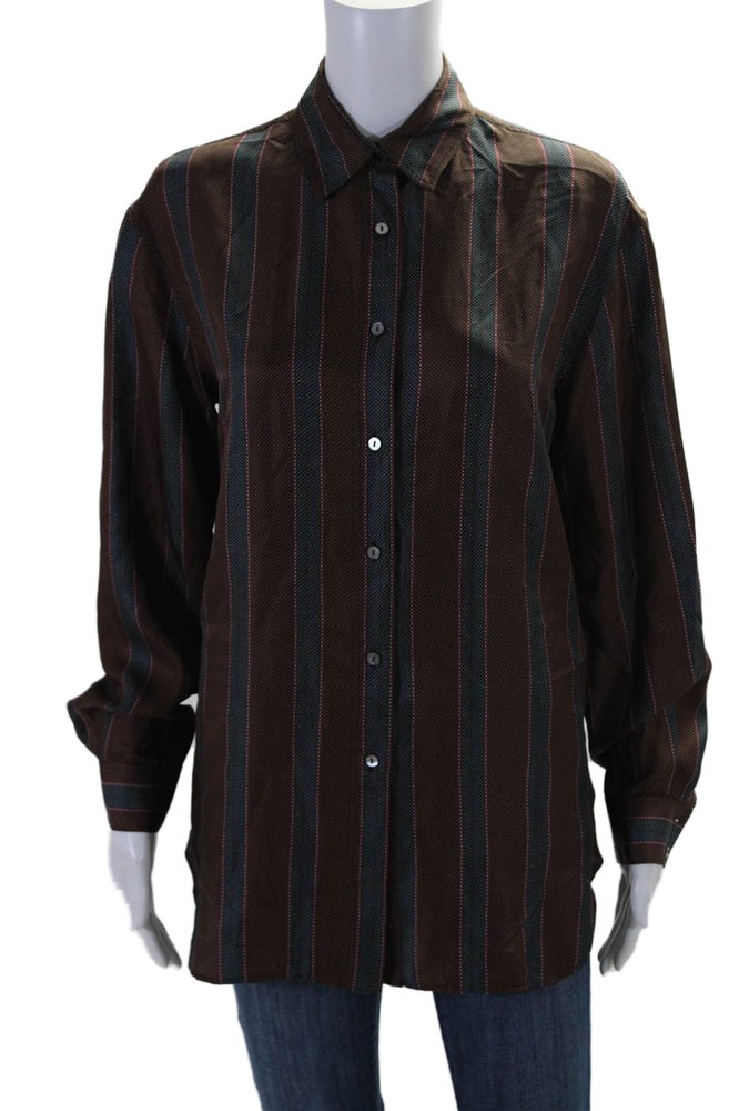 QL2 Womens Button Front Collared Silk Viviana Shirt Brown Blue 7833274155068