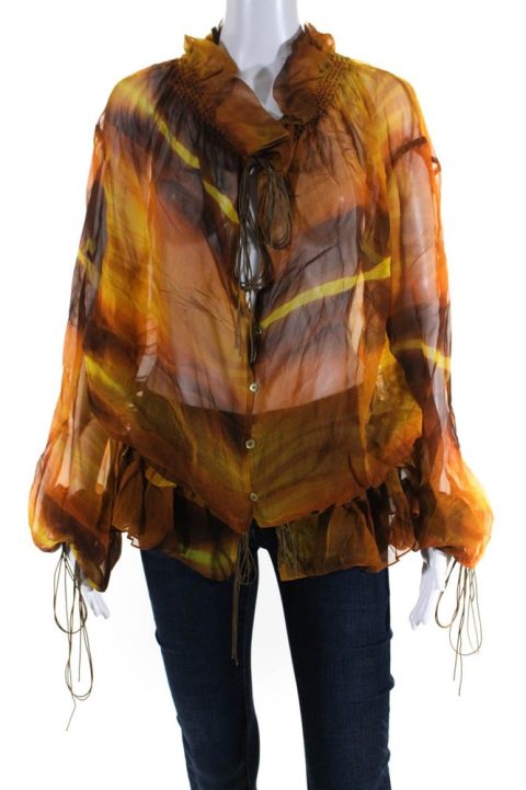 Petar Petrov Womens Lena Semi Sheer Gathered Tie Neck Top Blouse Brown 7833279758396
