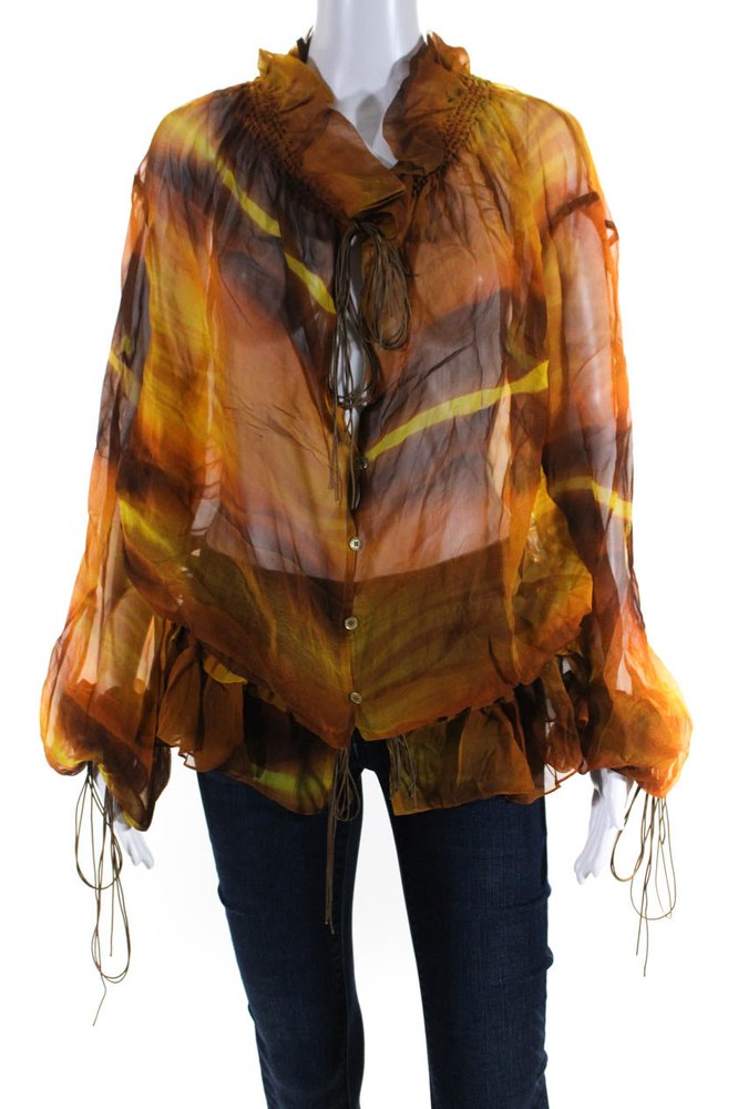 Petar Petrov Womens Lena Semi Sheer Gathered Tie Neck Top Blouse Brown 7833279758396