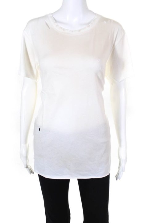 Cool TM Womens Cotton Crew Neck Distressed Vintage T Shirt White 7833280544828